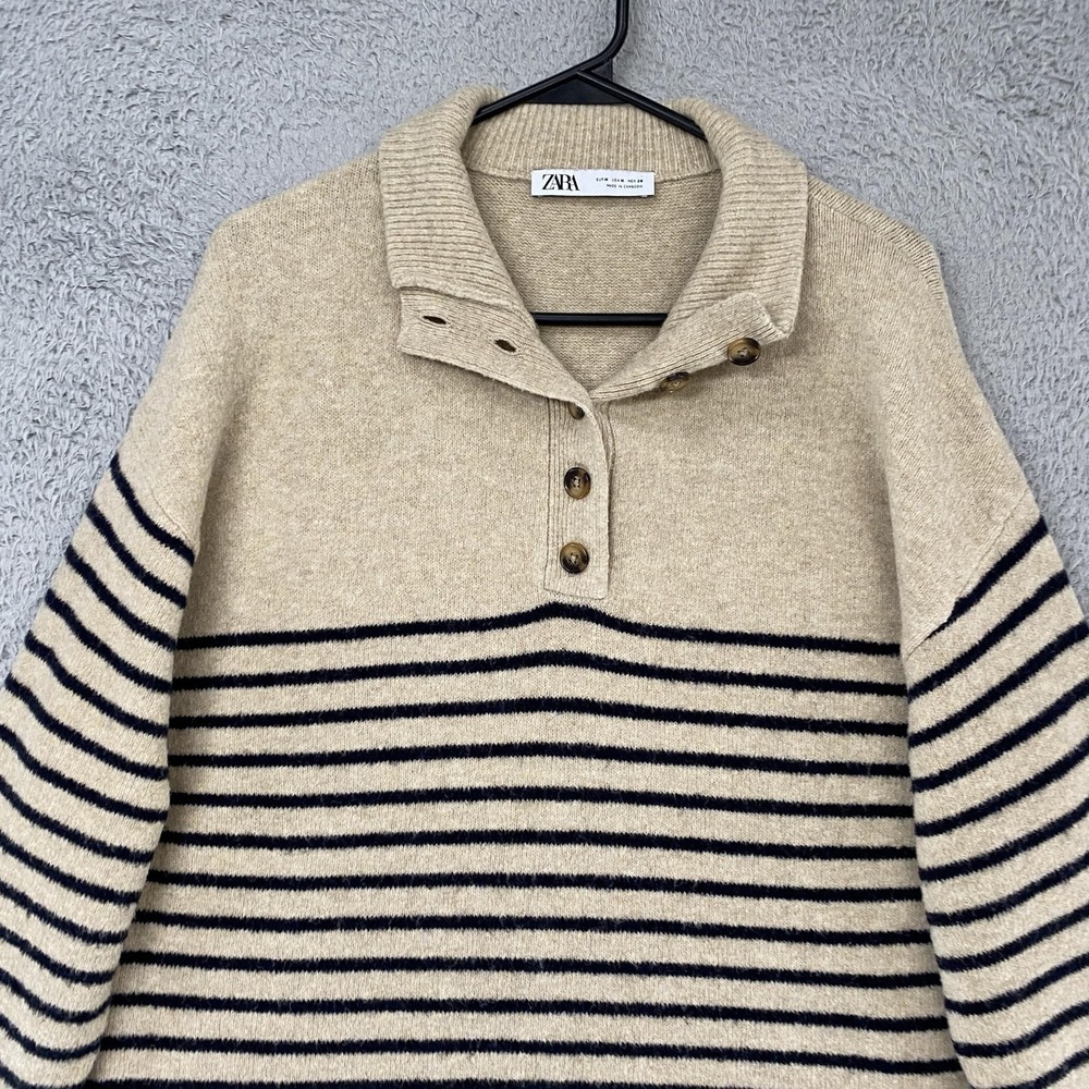 Zara Sweater Womens Medium Beige Collared Striped Button Knit Old Money Pullover - Picture 3 of 13